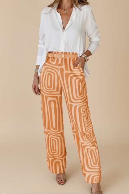 Women’s Two-Piece Set – Printed Shirt Blouse with Wide-Leg Trousers