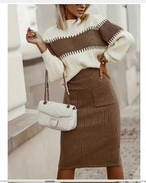 Women’s Rib-Knit Midi Skirt Co-Ord – Relaxed Long-Sleeve Pullover with Fitted High-Waist Skirt
