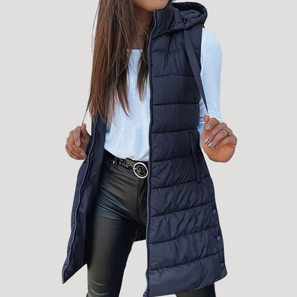 Women’s Long Quilted Gilet – Hooded with Press-Stud Front