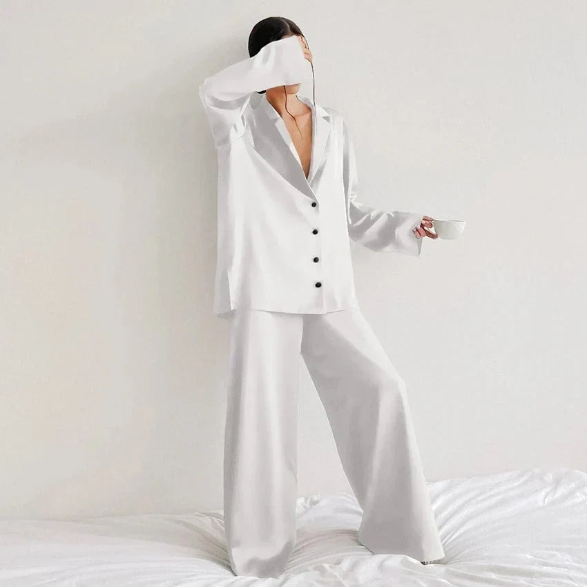 Women’s Relaxed Pyjama Co-Ord Set – Button-Up Long-Sleeve Shirt with Wide-Leg Trousers for Sleep and Lounge Wear