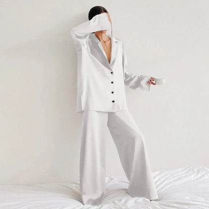 Women’s Relaxed Pyjama Co-Ord Set – Button-Up Long-Sleeve Shirt with Wide-Leg Trousers for Sleep and Lounge Wear