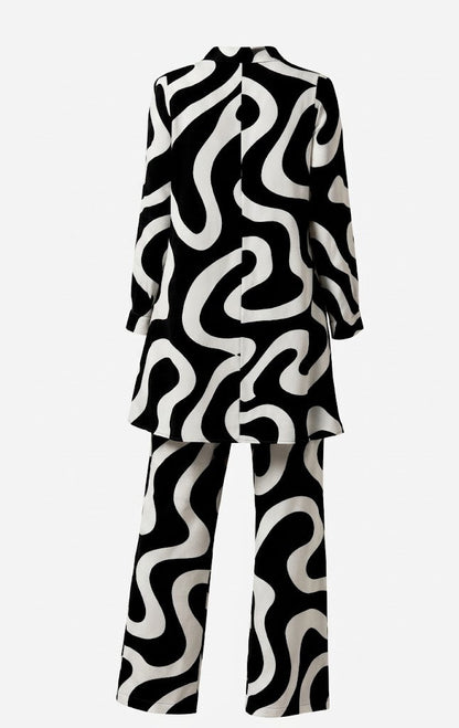 Women’s Printed Trouser Co-Ord Set – Relaxed Longline Button-Up Blouse with Elasticated Wide-Leg Trousers for Holidays and Weekend Wear