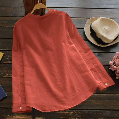 Women’s Linen Collarless Shirt – Breathable Long-Sleeve Layer for Warm Days