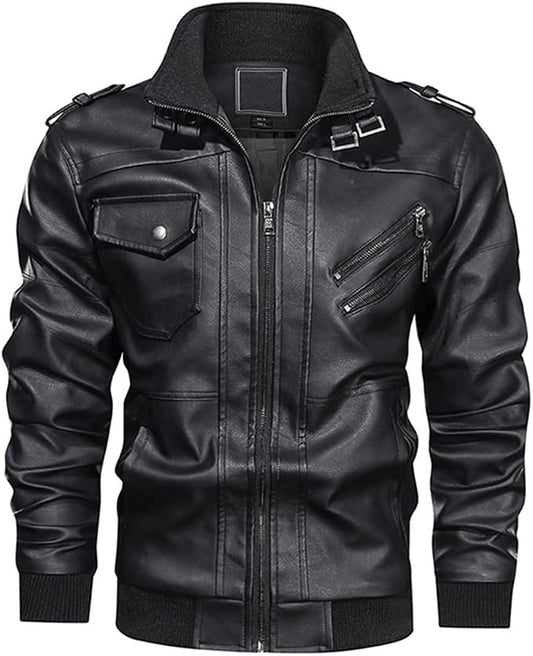 Men’s Buckle-Collar Leather Jacket – Structured Utility Layer for Everyday Wear