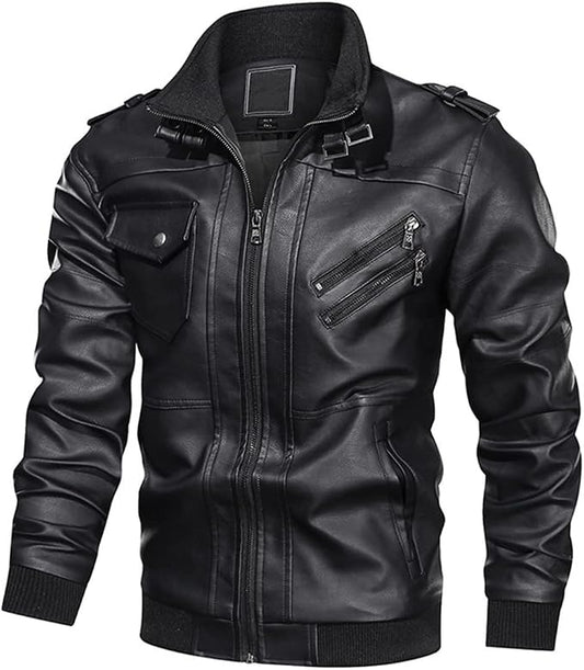 Men’s Buckle-Collar Leather Jacket – Structured Utility Layer for Everyday Wear