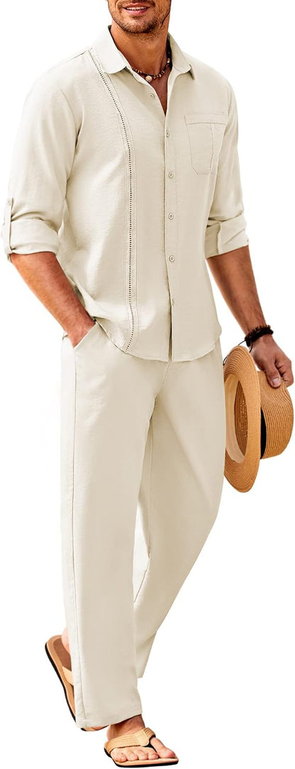 Men’s Long-Sleeve Linen Outfit Set – Relaxed Shirt and Trousers for Summer Wear
