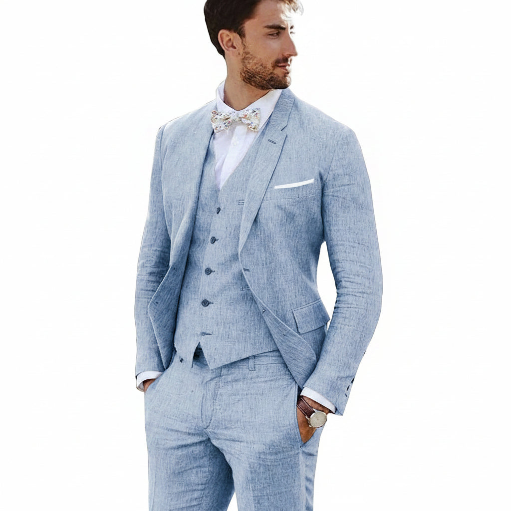 Men’s Tailored Linen Suit Set – Slim Three-Piece Style for Weddings and Formal Events