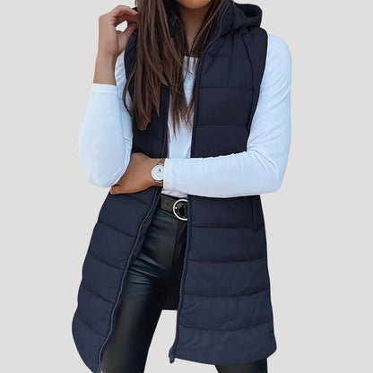 Women’s Long Quilted Gilet – Hooded with Press-Stud Front