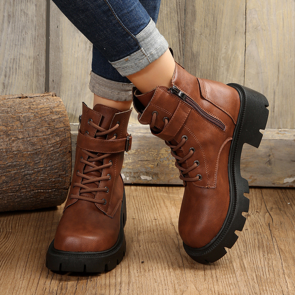 Women's Side Zip Buckle Round-Toe Chunky Chelsea Boots