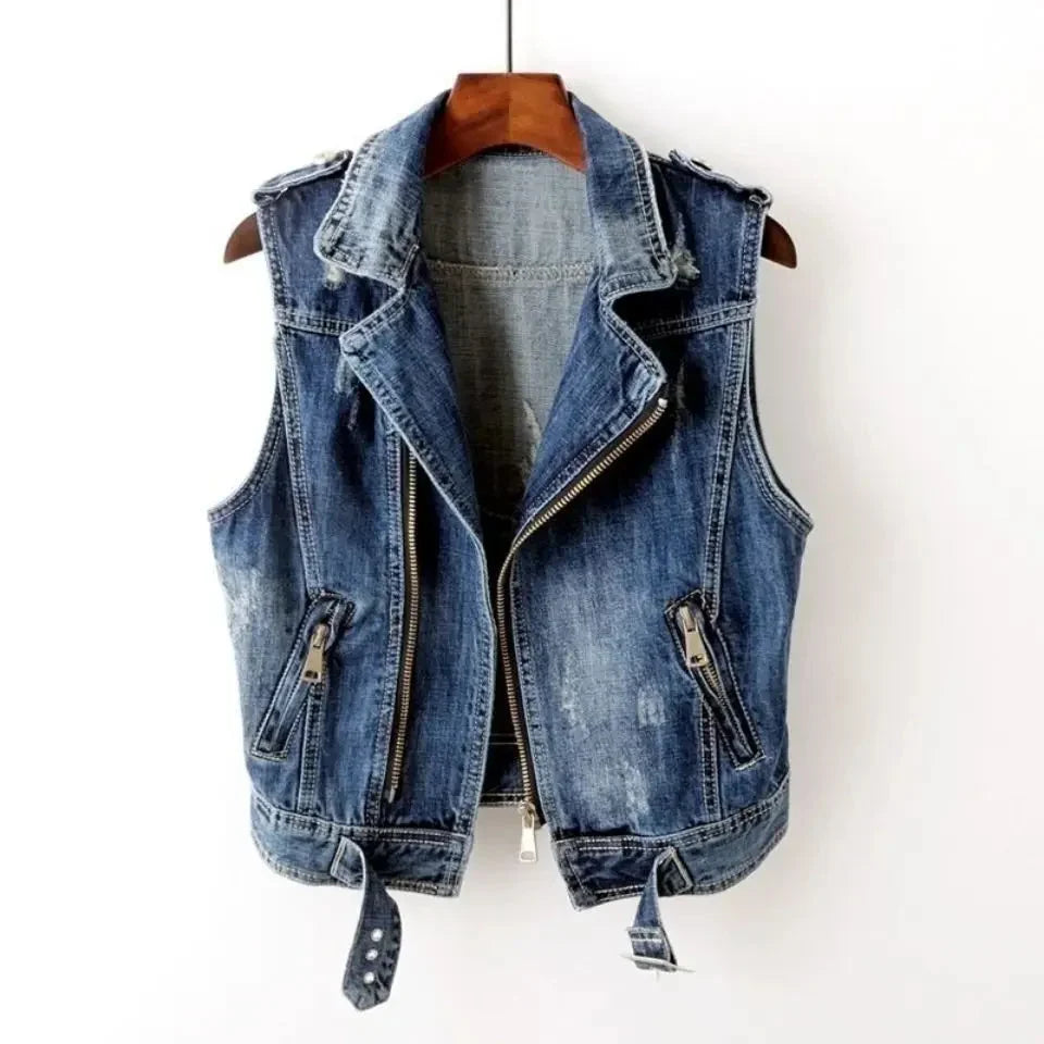 Men’s Cotton Denim Biker Vest – Distressed Sleeveless Layer with Asymmetric Zip and Adjustable Belt