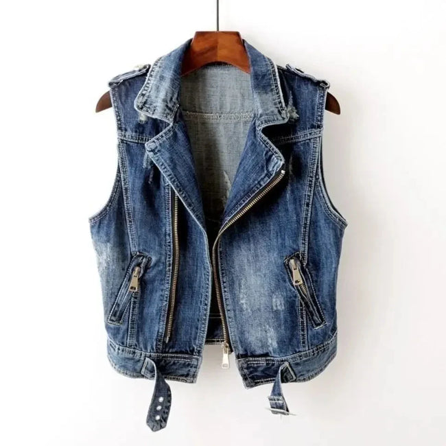 Men’s Cotton Denim Biker Vest – Distressed Sleeveless Layer with Asymmetric Zip and Adjustable Belt