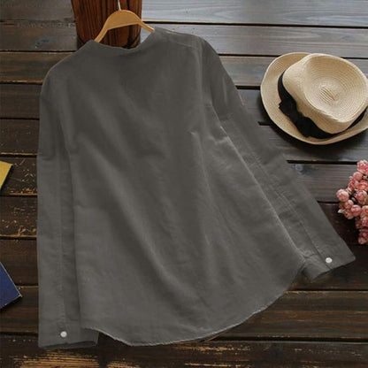 Women’s Linen Collarless Shirt – Breathable Long-Sleeve Layer for Warm Days