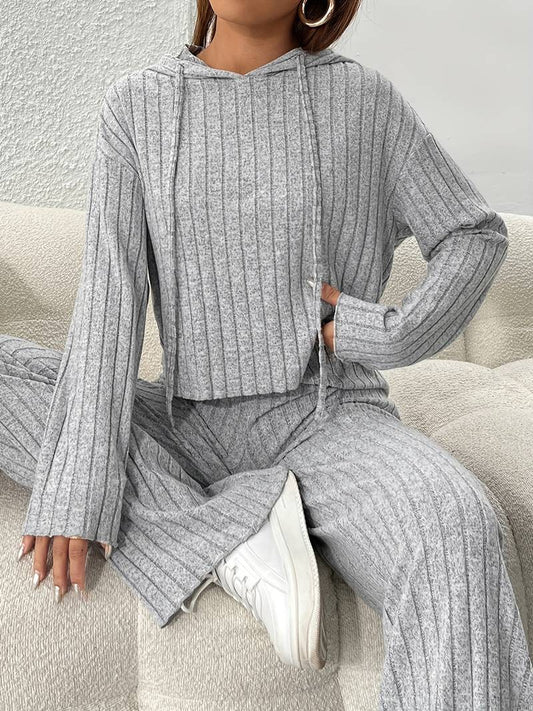 Women’s Ribbed Hooded Co-Ord Set – Relaxed Long-Sleeve Top with Matching Trousers for Casual Everyday Wear