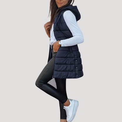 Women’s Long Quilted Gilet – Hooded with Press-Stud Front