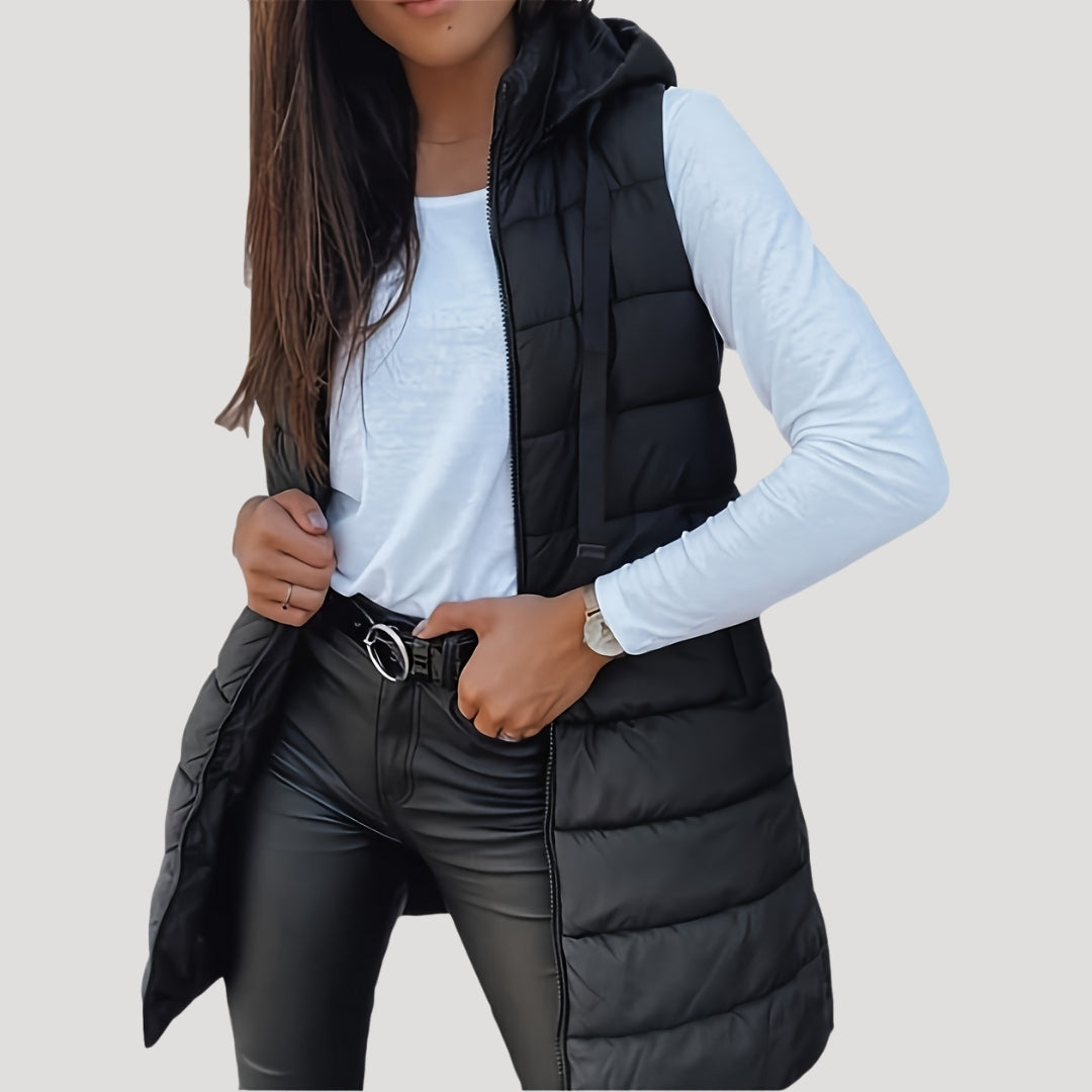 Women’s Long Quilted Gilet – Hooded with Press-Stud Front