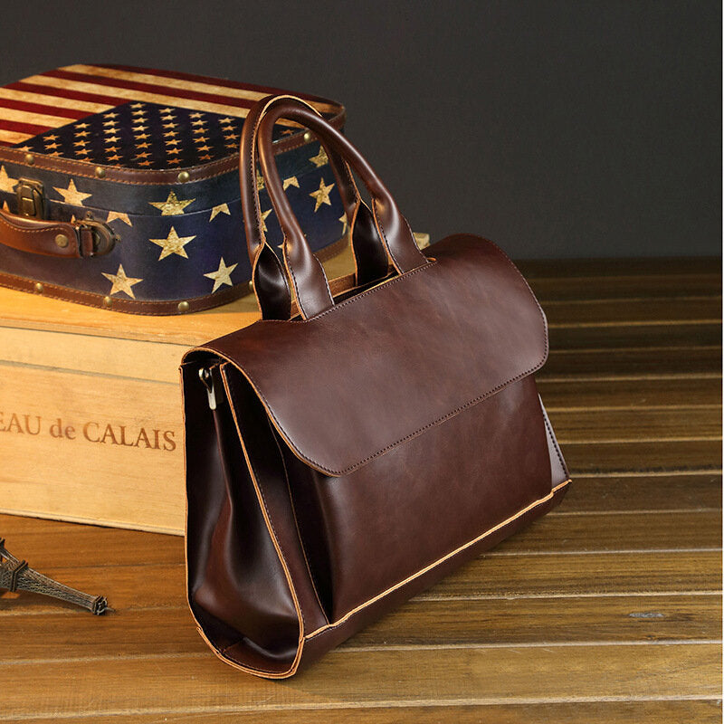 Men’s Vintage Faux-Leather Laptop Briefcase – Structured Business Messenger Bag with Top Handles and Shoulder Strap