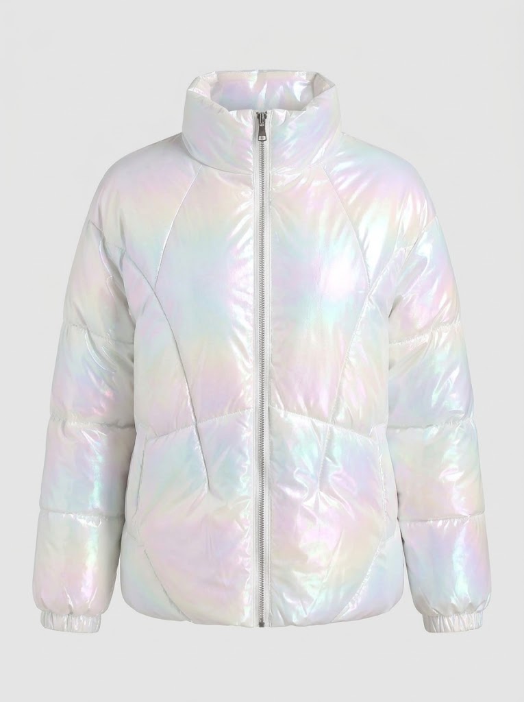 Women’s Iridescent Metallic Puffer Jacket – Lightweight Shimmer Winter Coat with Stand Collar