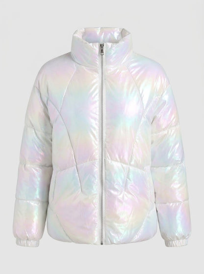Women’s Iridescent Metallic Puffer Jacket – Lightweight Shimmer Winter Coat with Stand Collar