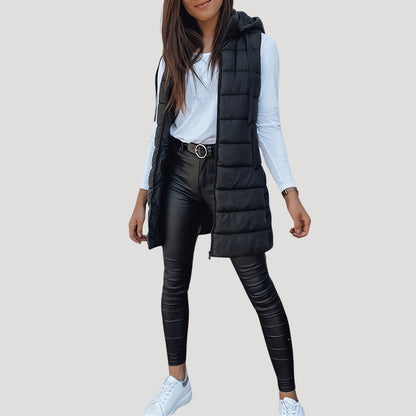 Women’s Long Quilted Gilet – Hooded with Press-Stud Front