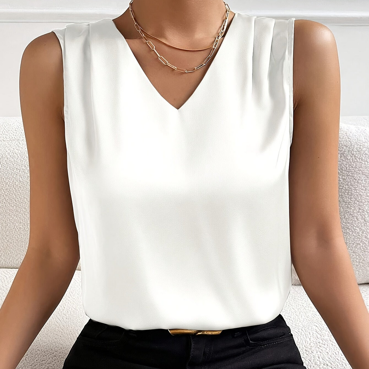 Women’s Sleeveless Blouse – V-Neck with Flowing Relaxed Cut