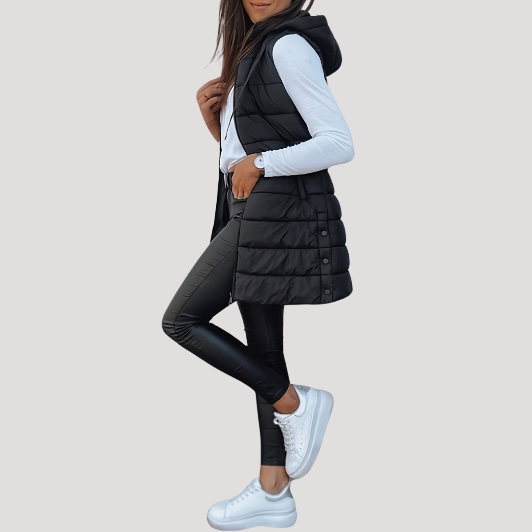 Women’s Long Quilted Gilet – Hooded with Press-Stud Front