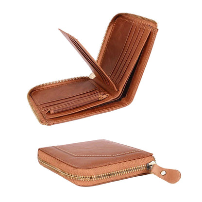 Men’s Genuine Leather RFID Wallet – Vintage Zip-Around Bifold with Card Storage and Coin Pocket