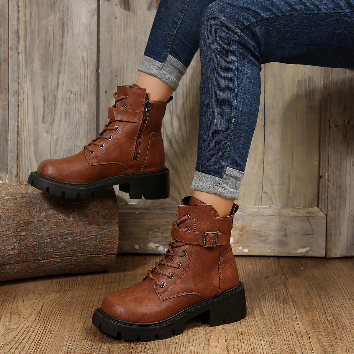 Women's Side Zip Buckle Round-Toe Chunky Chelsea Boots