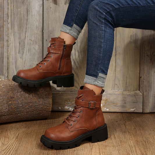Women's Side Zip Buckle Round-Toe Chunky Chelsea Boots