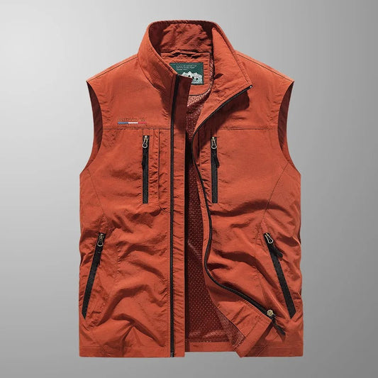 Men’s Cargo Gilet – Stand Collar with Six Zip Pockets and Mesh Back