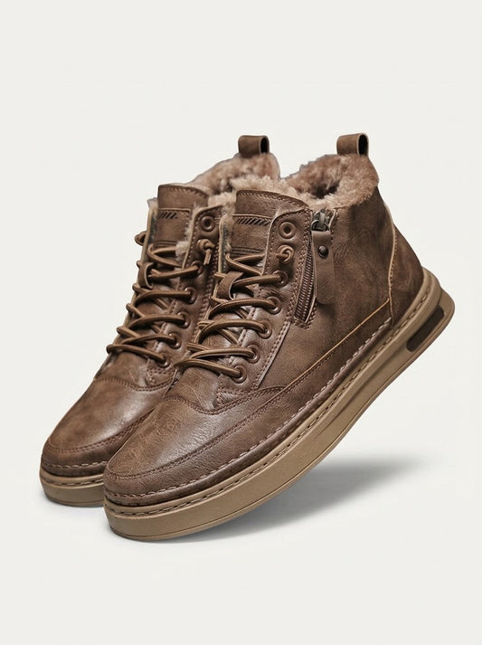 Men’s Fur-Lined Leather Ankle Boots – Lace-Up Platform Winter Boots for Everyday Wear