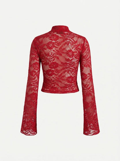 Women’s Stretch Lace V-Neck Top – Flared-Sleeve Evening Style