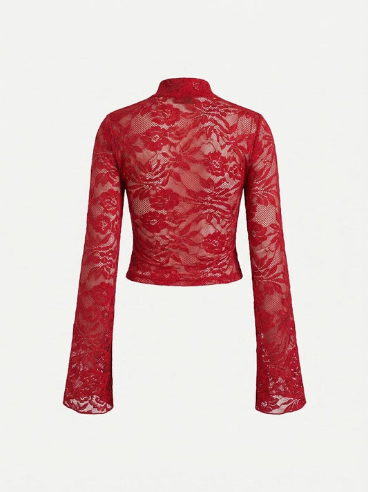 Women’s Stretch Lace V-Neck Top – Flared-Sleeve Evening Style