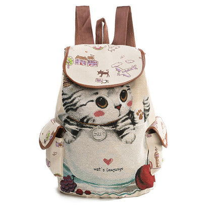 Children’s Cartoon Cat Canvas Backpack – Drawstring School Bag with Flap Closure and Side Pockets