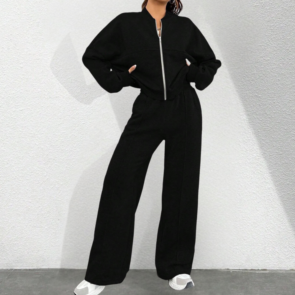 Women’s Zip-Front Two-Piece Set – Cropped Long-Sleeve Jacket with Drawstring Straight-Leg Trousers for Casual Wear