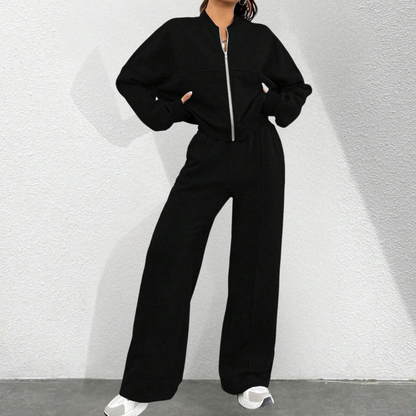 Women’s Zip-Front Two-Piece Set – Cropped Long-Sleeve Jacket with Drawstring Straight-Leg Trousers for Casual Wear