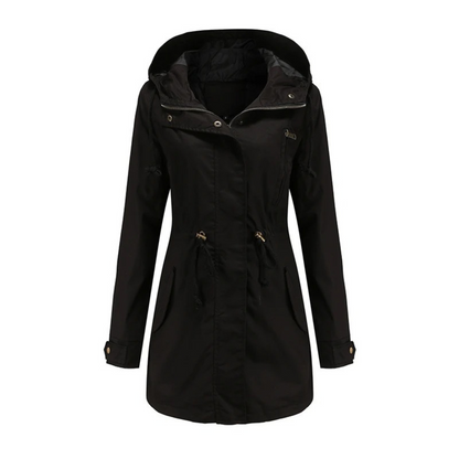 Women’s Hooded Drawstring Utility Parka – Mid-Length Zip-Front Jacket with Adjustable Waist and Practical Pockets