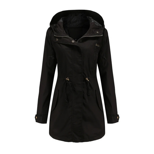 Women’s Hooded Drawstring Utility Parka – Mid-Length Zip-Front Jacket with Adjustable Waist and Practical Pockets