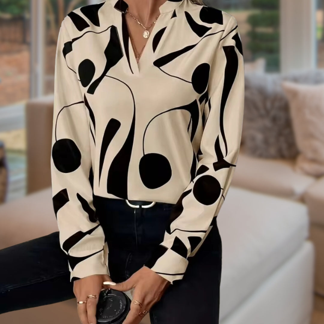 Women’s Abstract Print V-Neck Blouse – Relaxed Long-Sleeve Style for Smart Casual Wear