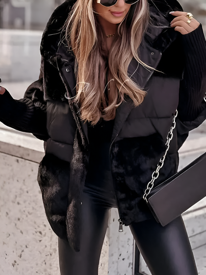 Women’s Oversized Quilted Jacket – Faux Fur Hood with Ribbed Cuffs
