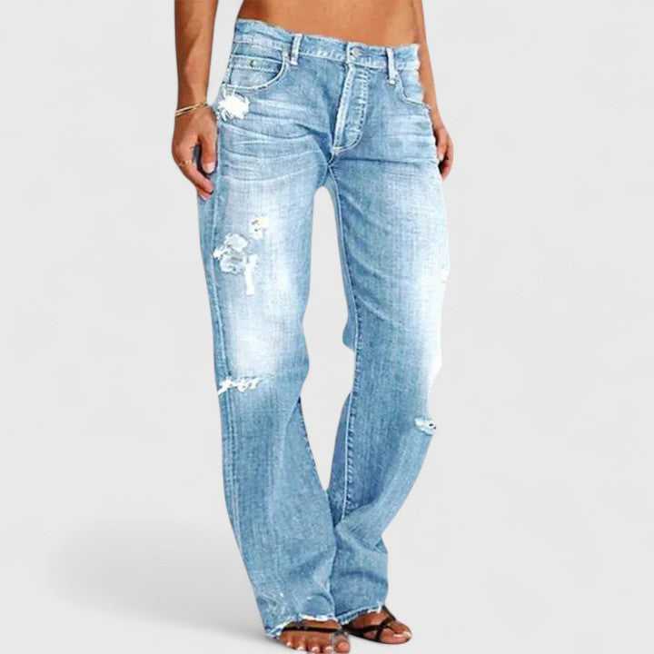 Women’s Straight-Leg Jeans – Distressed Finish with Natural Waist