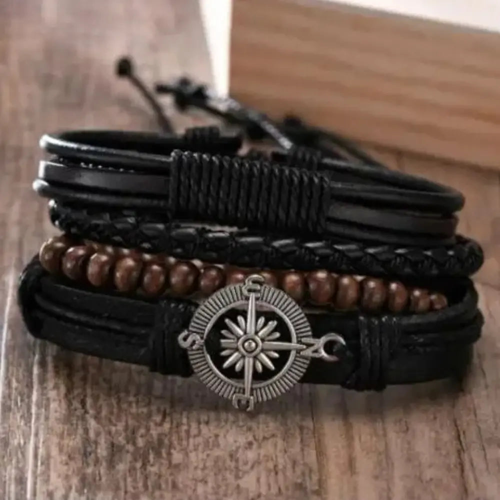 Men’s Braided Leather Wrap Bracelet Set – Layered Beaded Wristwear for Everyday Styling