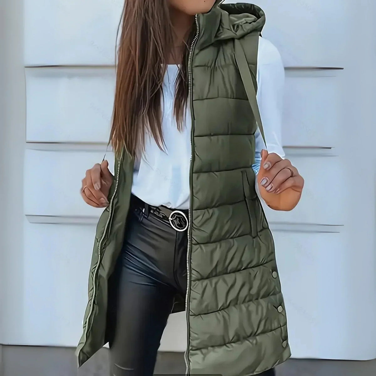 Women’s Longline Quilted Gilet – Hooded Body Warmer with Full-Length Zip