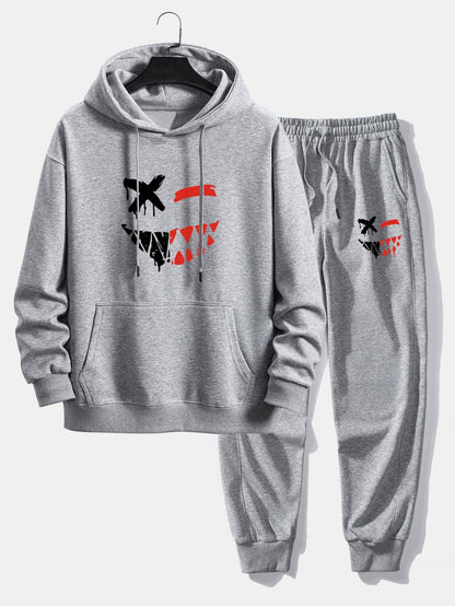 Men’s Casual Two-Piece Tracksuit – Cotton Blend Printed Hoodie with Joggers