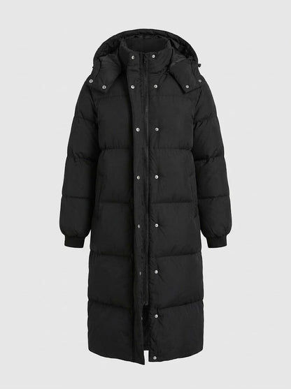 Women’s Extended-Length Hooded Puffer Coat – Insulated Winter Outerwear for Warm Everyday Coverage