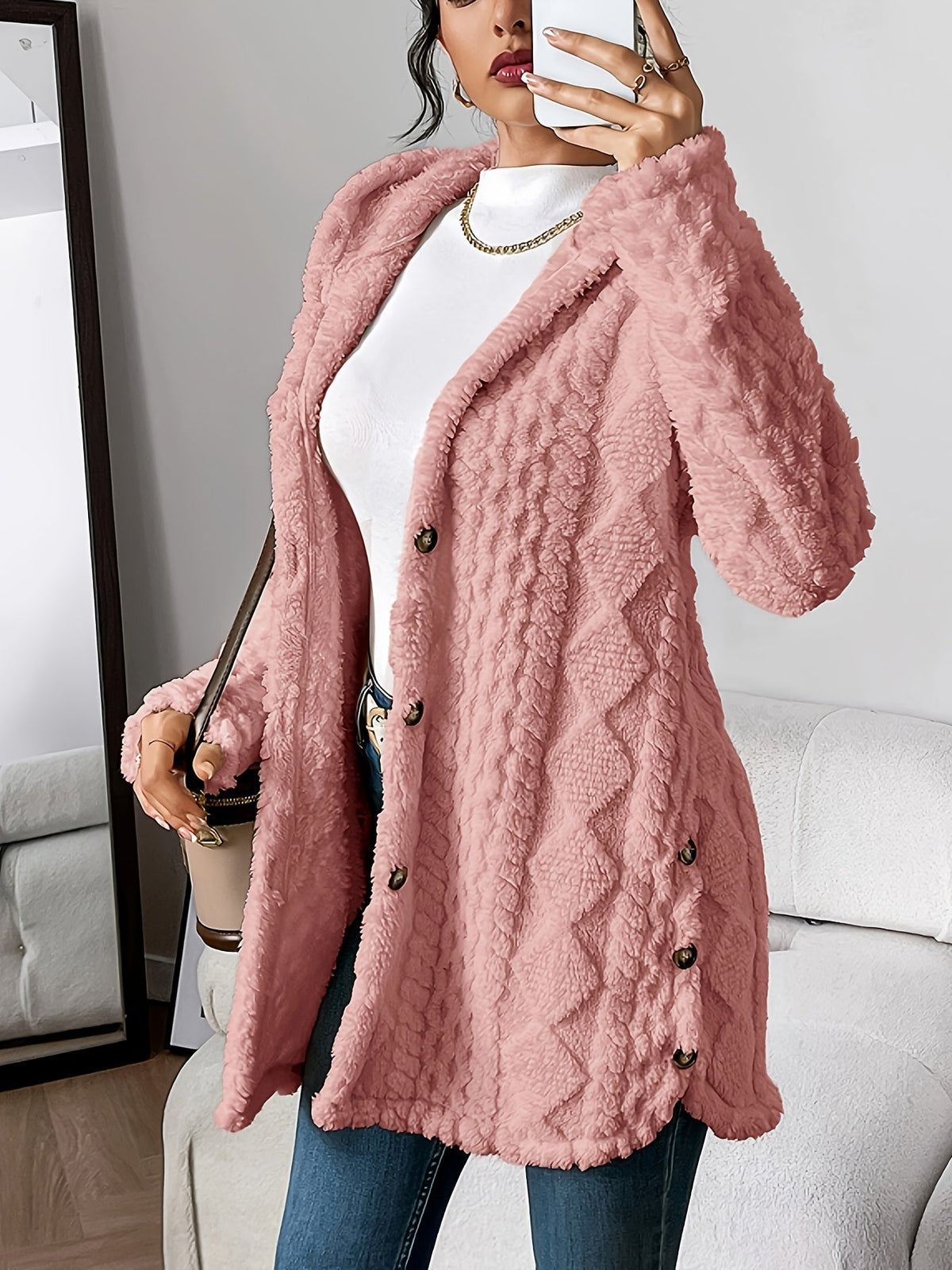 Women’s Cable-Knit Cardigan – Hooded Button-Through Cardigan