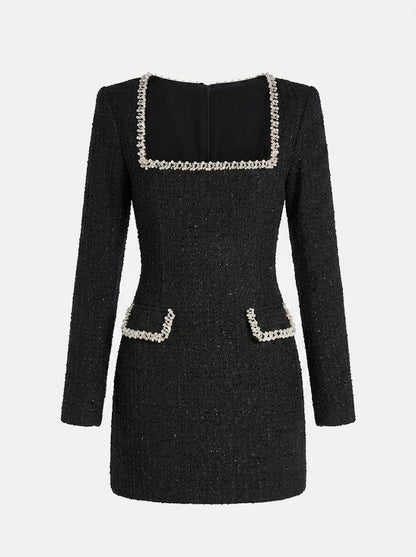 Women’s Tweed Mini Dress – Pearl-Trimmed Long-Sleeve Style for Cocktail Events and Dinners