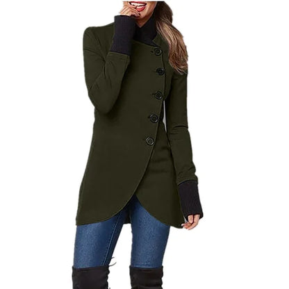 Women’s Asymmetric Button-Front Coat – Tailored Longline Winter Jacket with High Collar and Ribbed Cuffs