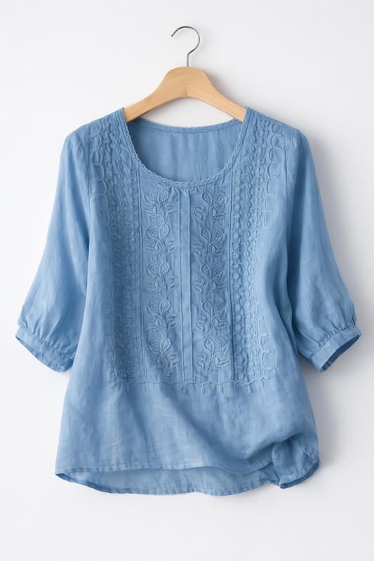 Women’s Blouse – Pintucked Round-Neck Blouse with Elasticated Cuffs