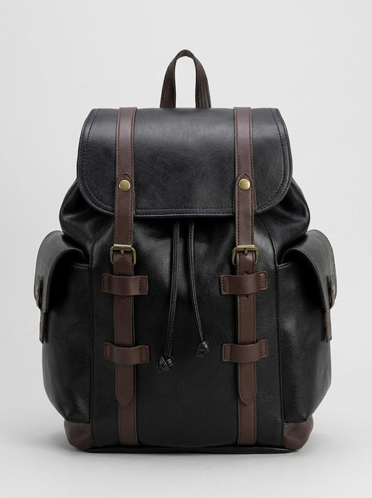 Unisex Vintage Faux-Leather Backpack – Drawstring Travel Bag with Flap Straps and Side Pockets