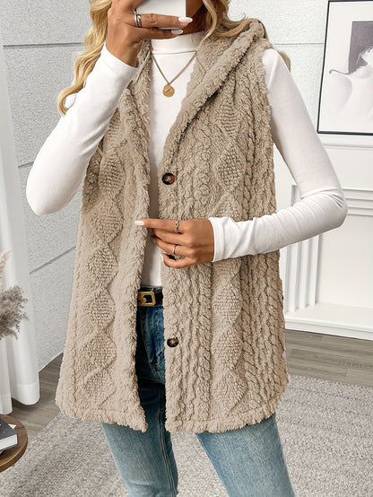 Women’s Long Knitted Waistcoat – Hooded with Button Front